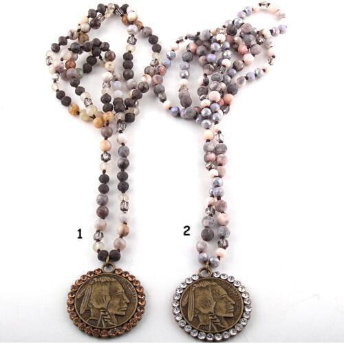 MOODPC Fashion Bohemian Tribal Jewelry 6mm Natural Stones and Glass Long Knotted Crystal Disco Metal Buffalo Pendant Necklaces