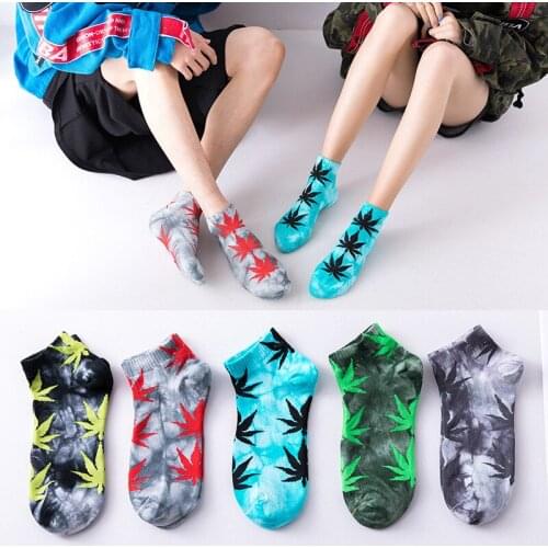 Tie-dye Maple Leaf Boat Socks Ankle Women Street Hip Hop Sports Sox Skateboard Trend Cotton Couple Low-cut Men Short Socks
