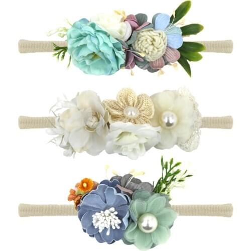 3Pcs/Lot Flower Baby Headband Newborn Elastic Nylon Hair Bands Handmade Boutique Artificial Fake Floral Headwraps Accessories