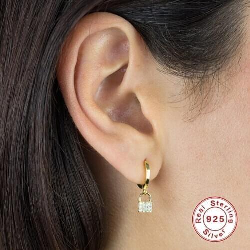 Aide 925 Sterling Silver Zircon Lock Earrings Padlock Pendant Gold Dangle Loop Drop Earrings Men Women Gifts Punk Jewelry