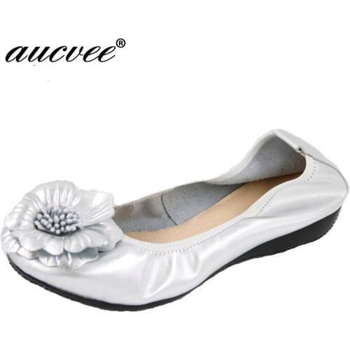 Summer Autumn Fashion Flower Design Round Toe Silver Color Flat Shoes Vintage Genuine Leather Women Flats Girl Loafer V-061