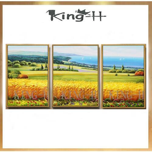 Modern hand painted Wall art Picture Abstract Oil Painting 3p blue and yellow line On Canvas Home Decor for living room no frame