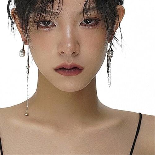 Unique Design Punk Long Tassels Pearl Drop Earrings For Women Personality Hyperbole Trendy Earrings Hip Pop Jewelry S925 Needle