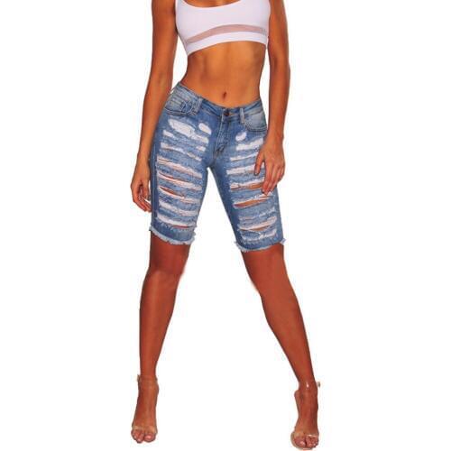 Ripped Denim Shorts Women Knee Length Mid Rise Stretch Bermuda Shorts 2020 Summer Sexy Destroyed Hole Short Jeans