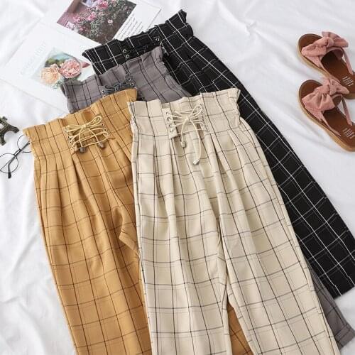 2021 Spring Women High Waist Drawstring Harem Pants Fashion Plaid Loose Straight Casual Pant Trousers