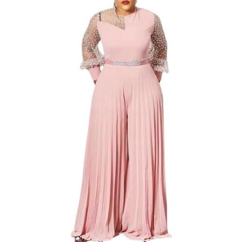 Fashion New Summer Solid Color Long Sleeve Slim Net Yarn Splicing Perspective Sexy Temperament Draw Back Folds Jumpsuit 2021