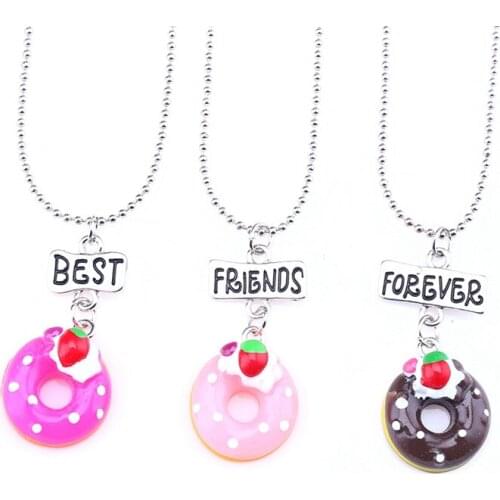 2018 Pink Simulation Strawberry Doughnuts Pendant Necklace Best friends Friendship Jewelry Gifts For 3 Kids Women Accessories