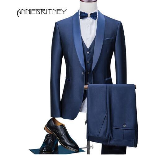 2018 Navy Blue Formal Wedding Suits for Men Satin Shawl Lapel Slim Fit Groom Tuxedo Retros Blazer 3 Pieces Ternos Masculino