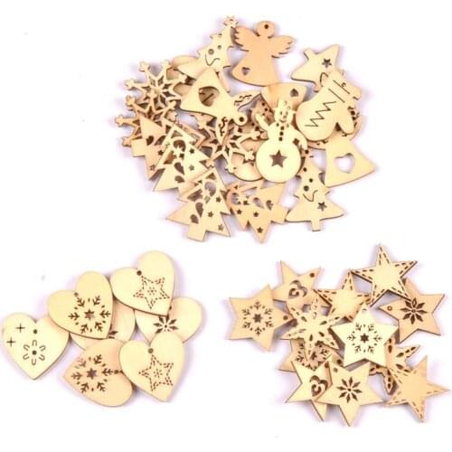 50pcs Heart/Star Natural Wood Mini Christmas Pendant Hanging Ornament Santa Claus Xmas Party DIY Home Decoration 30mm mt2719
