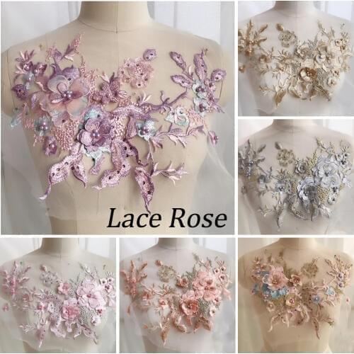 6Color 3D Flowers Patches Beaded Embroidery Lace Fabrics Applique Wedding Dress Decor Floral Costume Patch