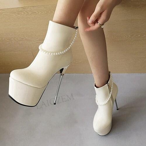 LAIGZEM Women Ankle Boots Shiny Platform 16CM Metal Stiletto Heels Booties Cosplay Club Ladies Shoes Woman Big Size 35 37 41 43