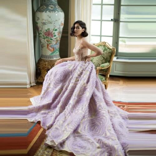 Violet Elegant Exquisite Evening Dress See Thru Applique Floor Length Tulle Ruffle Special Occasion Prom Dress Custom Made
