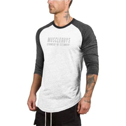 Brand Fitness Clothing Mens seven quarter sleeve T shirts men fashion letters print T-shirt male stretch cotton Tshirt for men