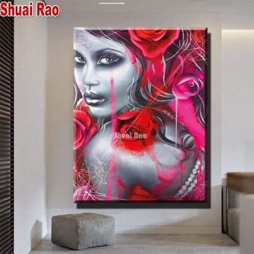 Red Flower Woman Full Round/square Drill Diamond Picture,Rhinestone,Diamond Painting Portrait,Diy crystal Diamond pattern