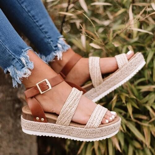 Summer thick-soled shoes casual womens large size sandals buckle belt thick-soled open-toe sandals woven shoes