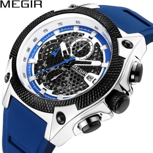 MEGIR Men Sport Watch Relogio Masculino Blue Silicone Strap Mens Watches Top Brand Luxury Luminous Waterproof Quartz Watch Man