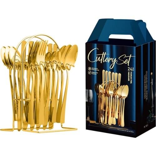 24-Piece Gold Tableware Sets With Stand Stainless Steel Cutlery Service for 6,Knife Fork Coffee Spoon Flatware Set