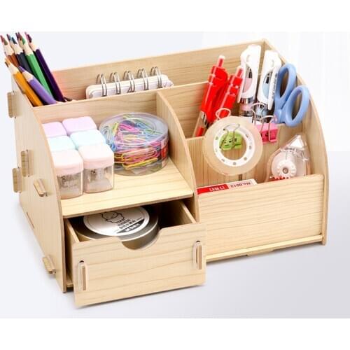 Desktop Wooden Pen Holder Office Combination Assembly Multifunctional Drawer Small Fresh Student DIY Storage Box Cute Decoration