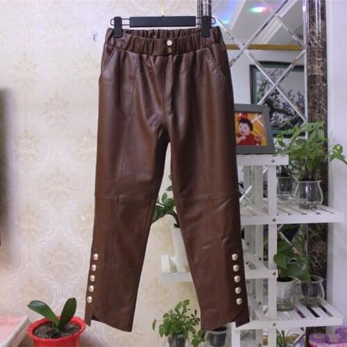 New Designer Autumn Winter 2021 Fashion Womens High Quality Genuine leather elastic waist pants C588
