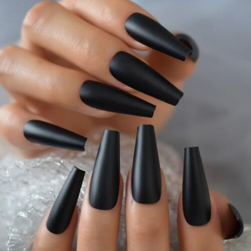 Solid Black Super Long Fake Nail Coffin Matte Press on Nails Frosted Ballerina Acrylic False Nails Tips Cosplay Party Salon Lady