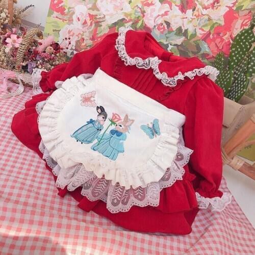 Baby Girl Autumn Winter Red Velvet Rabbit Emboidery Apron Vintage Spanish Lolita Ball Gown Dress for Birthday Chritmas Casual