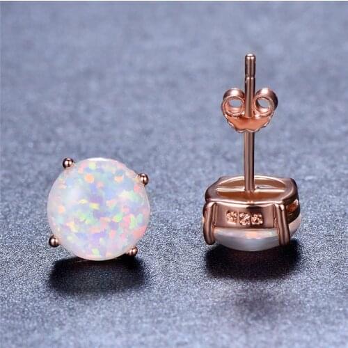 8MM Round White Opal Stone Stud Earrings Vintage Fashion Rose Gold Color Earrings For Women Mystic Rainbow Birthstone Earrings