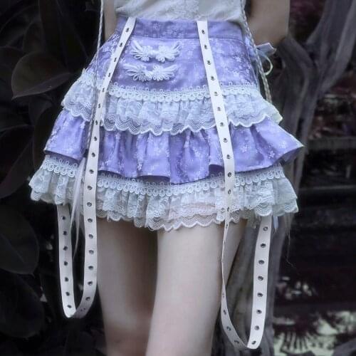 Harajuku Girls Gothic Lace Skirt Lolita Mini Cake Skirts Cheongsam Buckle Punk Sweet Chinese Style AFC1087