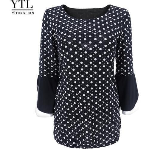 Yitonglian Women Spring Summer Vintage Polka Dot Tunic Top Round Neck Plus Size Elegant Casual Blouse 6XL 7XL 8XL H368