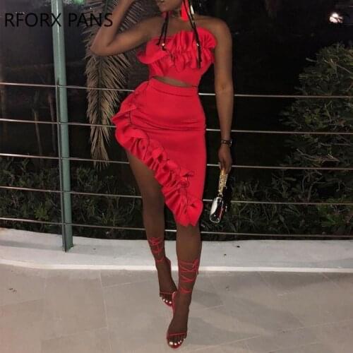 Women Sexy Clothes Ruffles Crop Top & Asymmetrical Skirt Set Party Look for Women 2021