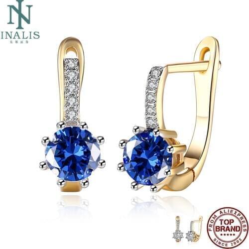 INALIS Stud Earrings For Women Round Colorful Cubic Zirconia Copper Earring Korean Style Female Fashion Jewelry Girlfriend Gift
