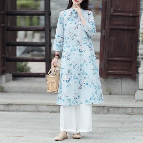 Women Cotton Linen Long Dress New 2021 Spring Chinese Style Vintage Stand Collar Flora Print Loose Ladies Casual Dresses S3148