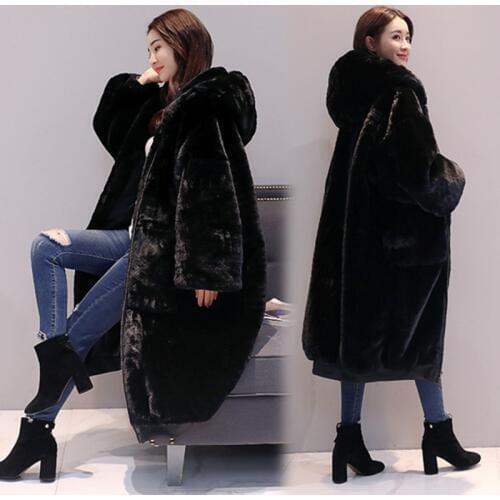 New winter loose imitation faux fur coat hooded women long section of artificial wool thickening warm wool jacket