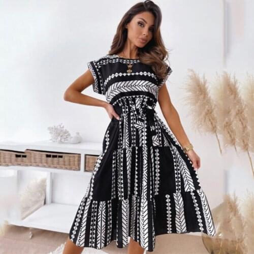 Woman Summer Elegant Print Short Sleeve Belt Dress 2021 Ladies Casual Lace Up Robe Ruffle Stitching A-Line Ladies Office Vestido