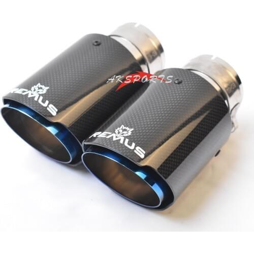 1PC Car Exhaust Pipe Straight Flange Glossy Carbon Tail End Tip Blue Stainless Steel Muffler Pipe With Remus Logo