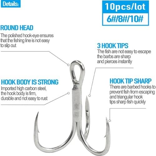 10Pcs Treble Hooks Fishing Silver High Steel Carbon Material Fishing Hook Round Folded Saltwater Bass #6 #8 #10 Tackle Tools