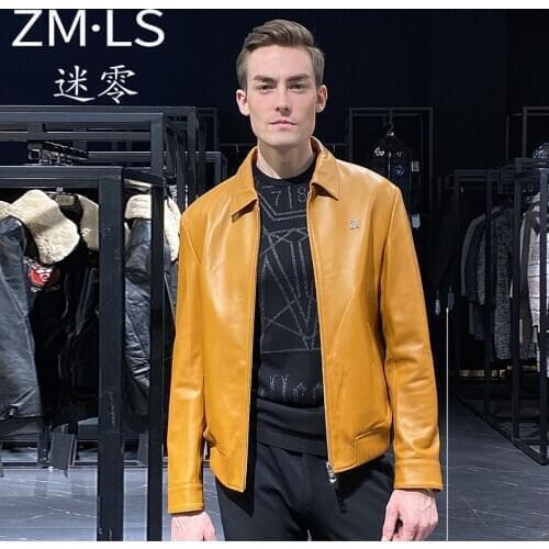 2021Mens sheep leather jacket lapel casual spring and autumn jacket short 2021