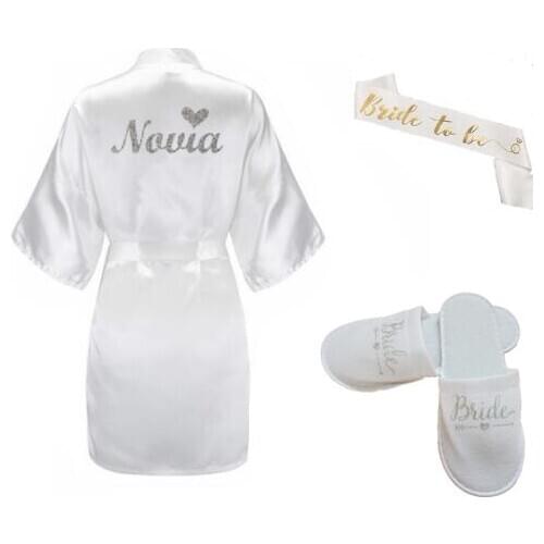 3pc set of glitter silver novia bride short robe slippers bridal veil Espanol spanish gold wrting satin kimono women robe
