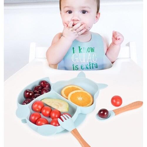 5 Pcs Baby Silicone Bibs Squirrel Divided Dinner Plate Sucker Bowl Spoon Fork Set Training Feeding Food Utensil Dishes Kit GXMB