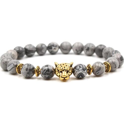 6 Styles 8MM Gray Natural Stone Beads Bracelet Metal Owl Lion Head Charms Balance Buddha Prayer Stretch Yoga Bracelet Jewelry