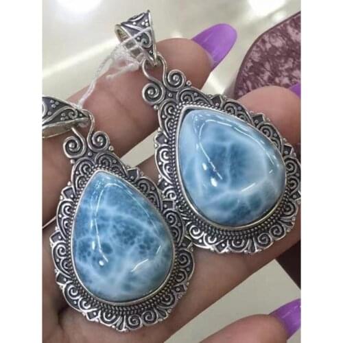 Antique Vintage Design 925 Sterling Silver Natural Larimar Waterdrop Larimar Stone Pendant Necklace For Gift