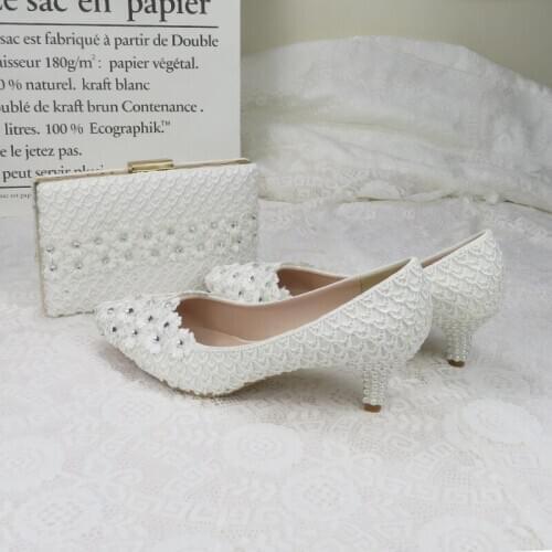 BaoYaFang 5cm Thin Heel Pointed Toe shoes woman Pearl white flower wedding shoes and bags Pointed Toe Ladies Party dress shoe