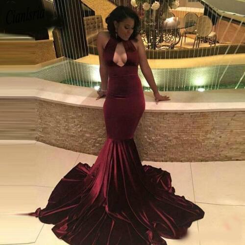 Burgundy Velvet Mermaid Prom Dresses 2020 Black Girl Sexy Evening Party Gowns Cut Out Sleeveless Long Formal Party Gowns