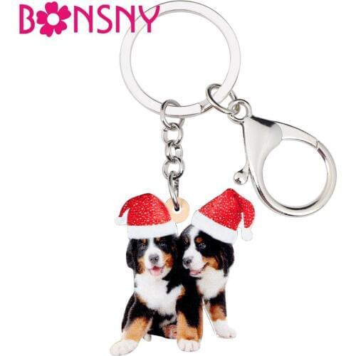 Bonsny Acrylic Christmas Double Australian Shepherd Dog Key chains Car Purse Bag Cute Pets Key Rings For Women Girls Charms Gift
