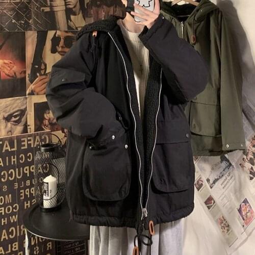 Double-sided cargo cotton-padded jacket men women army green hooded loose lamb velvet thicken jacket techwear Korean warm coats