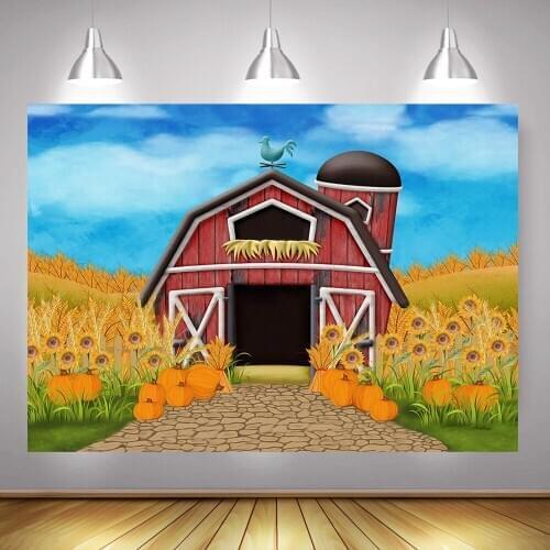 Crops Farm Photography Backdrop Red Warehouse Sunflower Pumpkin Paddy Fall Photo Background Blue Sky Autumn Video Backdrops