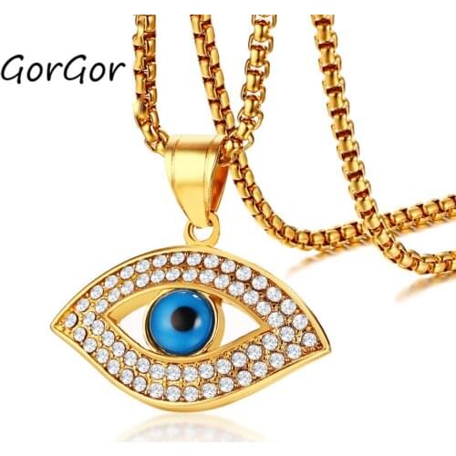 GorGor New Arrivals Stainless Steel Rhinestone Evil Eye Gold Color Pendant Necklace for Couple Simple Jewelry Gift PN-1031G