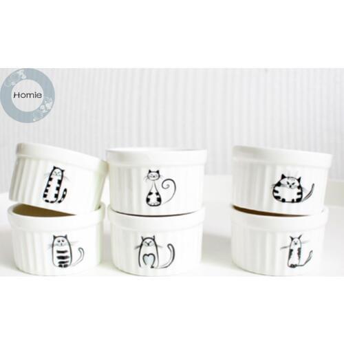 Homies 1Pc Ceramic Souffle Baking Bowl Cartoon cat Souffle Pudding Bowl Kitty Dessert Yogurt Porcelain Cake Bowl Cup use in oven