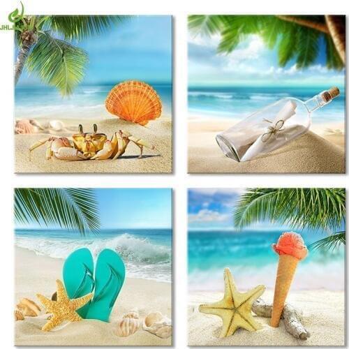JHLJIAJUN 4 Piece Sea Beach View Painting Nordic Canvas Decoration Modular Picture Decorative Nordic Bedroom Living Room Picture