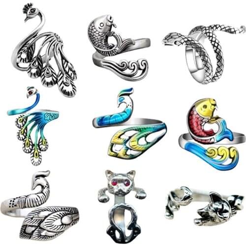 Snake Peacock Rings Black Silver Color Metal Punk Open Adjustable Design Animal Exaggerated Finger Ring Women Men Party Jewelry