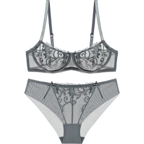 Sexy Ultra Thin Embroidered Bra Set Girls Sexy Bra Set For Women Plus Size 42D Underwear Transparent Lace Push-up Lingerie Set